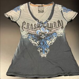Crash & Burn Fitted Graphic Gray and Blue Tee